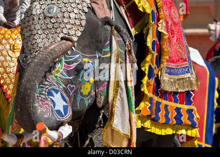 Costume décoré elephant film Fort Amber Jaipur Rajasthan Inde Banque D'Images