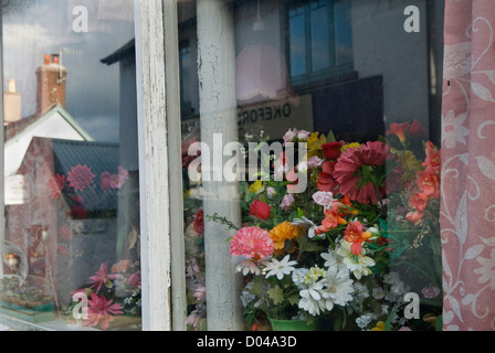 Vitrine domestique en plastique à fleurs. Reflets dans une fenêtre de chalet. Chagford, Devon Angleterre des années 2012 2010 Royaume-Uni. HOMER SYKES Banque D'Images