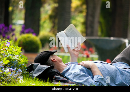 Portrait d'un homme se détendre au soleil tout en lisant un livre. L'homme est située dans un beau parc en été Banque D'Images