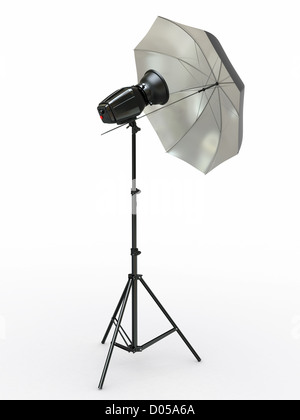 L'équipement d'éclairage de Studio. Flash et parapluie. 3d Banque D'Images