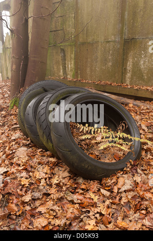 Déchets Pollution pneus de voiture à tête de dumping par campagne et formant une maison pour la faune en partie recouverte d'algues Banque D'Images