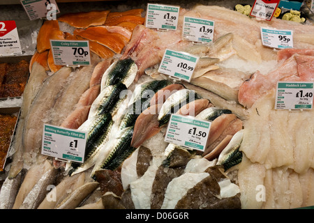 Poisson frais affichés sur le compteur des poissonniers au Morrison's Supermarket Banque D'Images