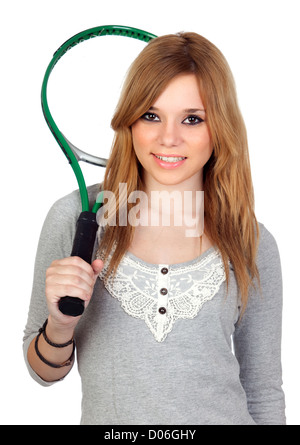 Fille avec raquette de tennis isolé sur un fond blanc plus Banque D'Images