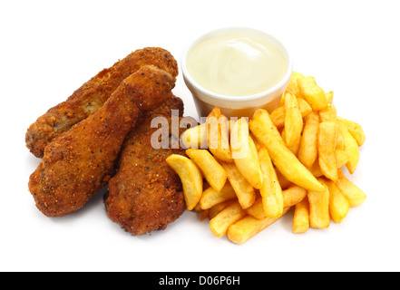 Trois morceaux de poulet frit du sud croustillant avec des frites Banque D'Images