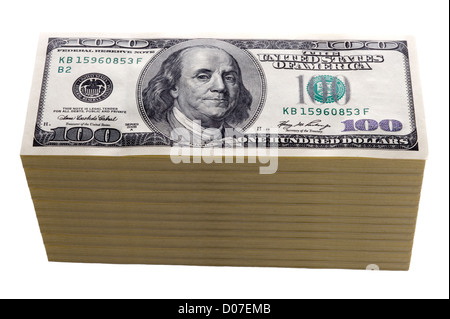 hundred dollar bills in a single stack or pile isolated on white Banque D'Images