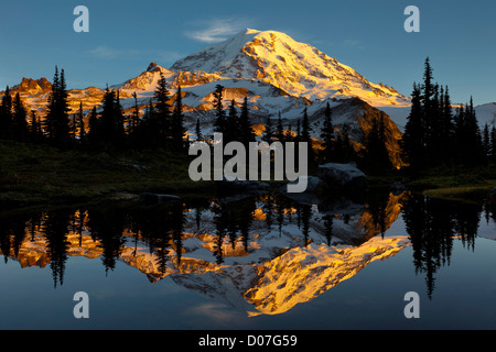 L'État de Washington, USA, Mt. Rainier National Park. Mt. Rainier au coucher du soleil reflétée par de petits tarn, parc de pulvérisation. Composite numérique. Banque D'Images