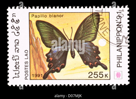 Timbre-poste du Laos représentant un chinois tropical peacock swallowtail Butterfly (Papilio bianor) Banque D'Images