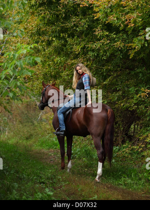 Happy Cow sur cheval brun Banque D'Images