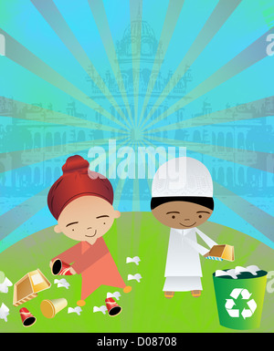 Les garçons de jeter vos déchets dans le bac de recyclage Banque D'Images