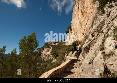 Passerelle piétonne château de Alaró, Puig de Alaró, mountain hill, Mallorca Majorque Espagne Europe Banque D'Images