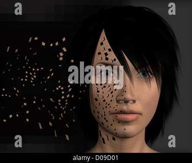 Wired Woman téléchargement des données de l'internet. Illustration 3D futuriste. Banque D'Images