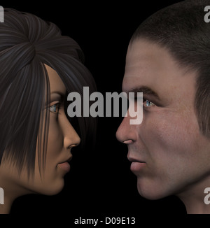 Jeune couple amoureux se regarder dans les yeux. L'homme et la femme 3d illustration. Banque D'Images