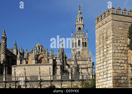 Cathédrale et de la Giralda, tour mauresque DE L'ANCIEN 12ème siècle GRANDE MOSQUÉE Séville Andalousie Espagne Banque D'Images