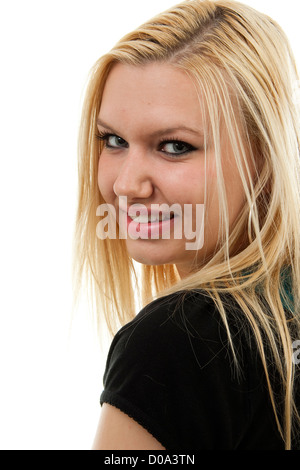 Portrait de jeune femme blonde en libre sur fond blanc Banque D'Images