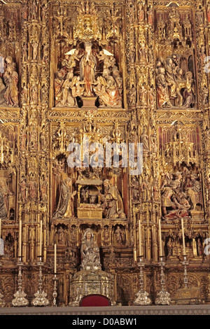 Autel d'or dans la cathédrale gothique RETABLE COMPOSÉ DE SÉVILLE 45 PANNEAUX REPRÉSENTANT LA VIE JÉSUS VIERGE MARIE FAIT PIERRE Banque D'Images