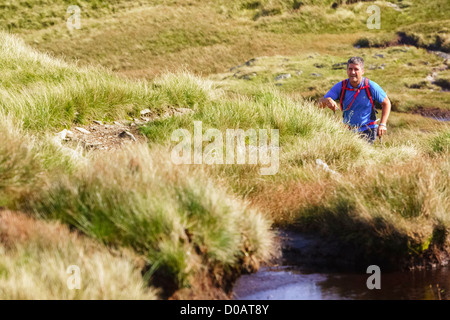 Un male hiker walking up Stile longue en direction de High Street dans le Lake District. Banque D'Images