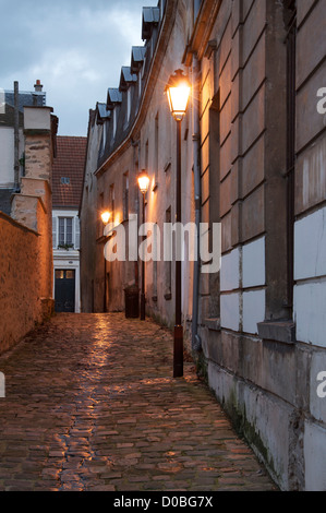 Ruelle aux chats (Cat Alley). Une sombre ruelle déserte dans les petites rues de Montlhery, une ville satellite dans la banlieue sud de Paris. La France. Banque D'Images