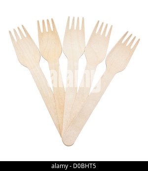Fan de fourches en bois isolé sur fond blanc. Banque D'Images