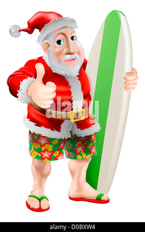 Une illustration de Santa en sandales et flip-flop beach Board shorts tenant une planche de surf et de faire un coup de pouce Banque D'Images