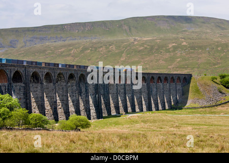 Class 66 deisel electric locomotive tirant un train de marchandise sur viaduc Ribblehead, Yorkshire du Nord Banque D'Images