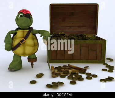 3D render of tortue pirate avec un coffre de trésor Banque D'Images