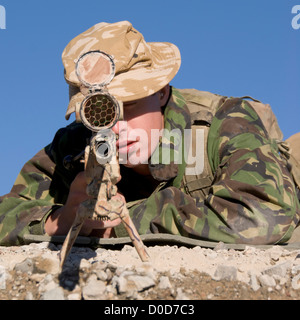 Un British Royal Marine Commando Sniper takes aim Banque D'Images