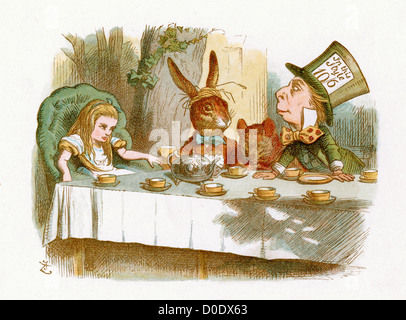 Le Thé du Chapelier fou, à partir de l'histoire de Lewis Carroll, Alice au Pays des Merveilles, Illustration par Sir John Tenniel 1871 Banque D'Images