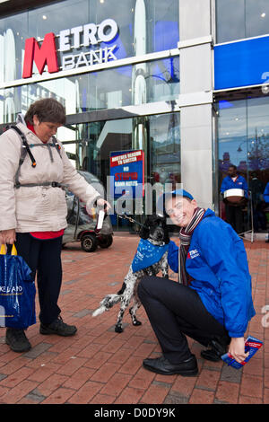 Un visiteur avec son chien d'audience pour les personnes Sourdes est accueilli un employé à l'ouverture de la nouvelle succursale de banque Métro à Reading, Berkshire. Banque D'Images