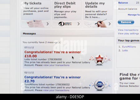 UK National Lottery website compte en ligne avec vos messages de félicitations un gagnant pour le Lotto Euromillions et billets Banque D'Images