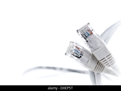 Câble et deux connecteurs RJ45 sur fond blanc, à la frontière de la technologie de décoration Banque D'Images