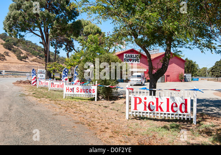 Spécialité gastronomique et produits alimentaires vendus dans ce magasin situé dans la capitale mondiale de l'ail, Gilroy, Californie. Banque D'Images