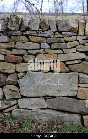 Mur de pierre construire dans le North York Moors avec le nom de pierre wallers Adrian creusée dans le mur. Banque D'Images