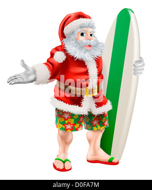 Une illustration d'un dessin animé Santa en beach shorts conseil tenant une planche de surf Banque D'Images