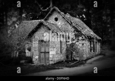 Maison en pierre en ruine hanté et chemin de terre dans les bois. Noir et blanc. Banque D'Images