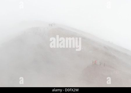 La foule des randonneurs dans des conditions de voile blanc sur le Tongariro Alpine Crossing, au Parc National de Tongariro, en Nouvelle-Zélande. Banque D'Images