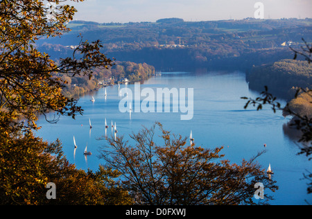 Le lac Baldeneysee à Essen, Allemagne. Bateaux à voile au cours d'une régate en automne. Banque D'Images