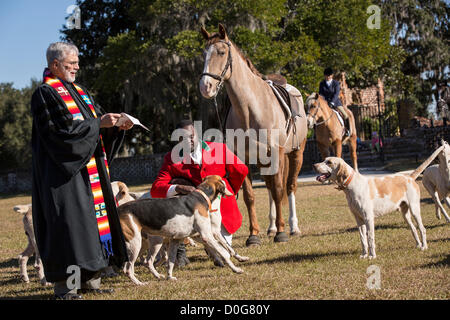 Le révérend Burt Keller effectue les la bénédiction annuelle des chiens le début le début de la saison sur à Middleton Place Plantation le 25 novembre 2012 à Charleston, Caroline du Sud. La chasse au renard en Caroline du Sud est un frein hunt qui ne tue pas vivre les renards. Banque D'Images