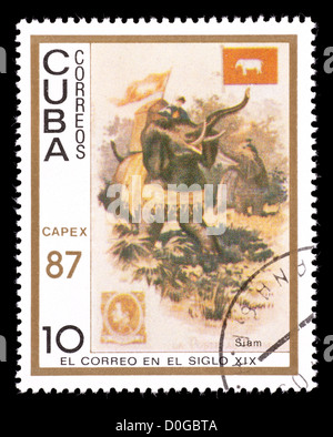 Timbre-poste représentant de Cuba messagers équitation éléphants en Thaïlande et l'un des premiers timbres thaïlandais. Banque D'Images