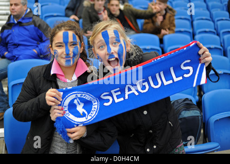 Jeune femme fille fans de football avec visages peints et un foulard à Brighton et Hove Albion match Banque D'Images