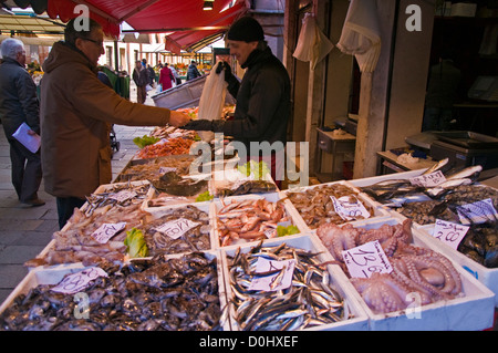 L'homme achète des poissons d'un étal du marché Banque D'Images