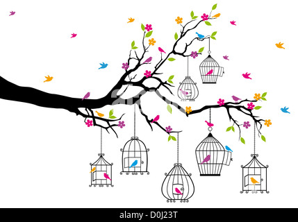 Branche d'arbre avec des oiseaux et des cages, vector illustration Banque D'Images