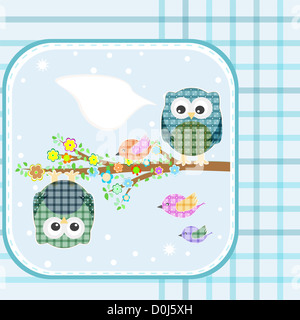 Owl textile et d'oiseaux sur branche floral arbre avec des bulles vides Banque D'Images