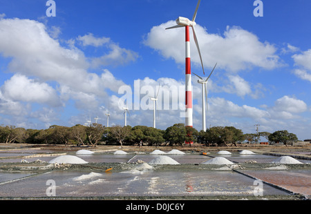 Les éoliennes et la ferme du sel à Puttalam, Sri Lanka. Banque D'Images