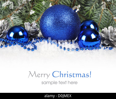 Frontière de Noël bleu et argent avec des décorations de Noël et de la neige Banque D'Images