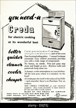 Vintage des années 1950 Publicité imprimée à partir de la revue anglaise Creda publicité cuisinière électrique vers 1953 Banque D'Images