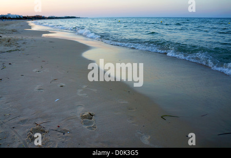 Le littoral tunisien au coucher du soleil avec des empreintes sur la plage Banque D'Images
