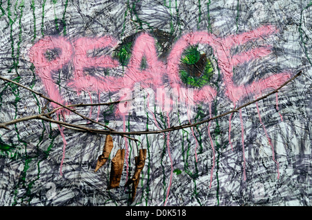 Le mot paix écrit plus de mur de graffitis. Banque D'Images