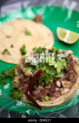 Carnitas tacos au Chili, avec la coriandre et le guacamole à Mercado Coyoacan dans Coyoacan - Mexico DF Banque D'Images