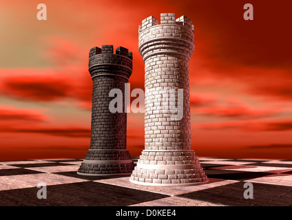 Un noir et blanc d'une pièce d'échecs château en brique et mortier opposées l'une à l'autre sur un échiquier contre un ciel nuageux rouge Banque D'Images