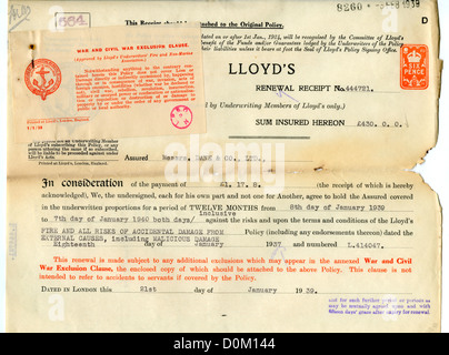 Le document d'assurance du Lloyd's de Londres, 1939, avec ajout de "Guerre et Guerre Civile Clause d'exclusion de l' Banque D'Images